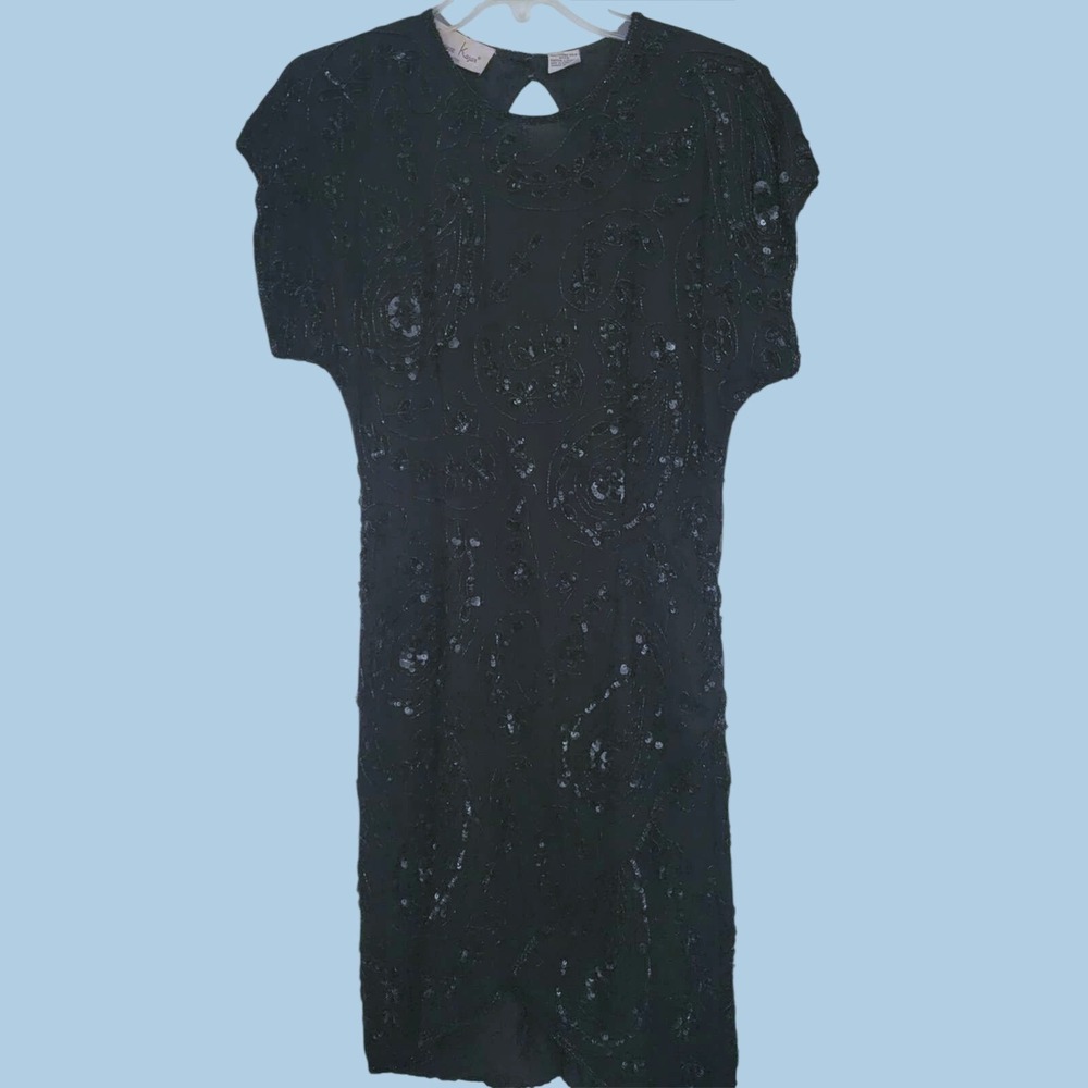 Vintage‎ 1990s Laurence Kazar NY Black Pure Silk Beaded Cocktail Dress Small